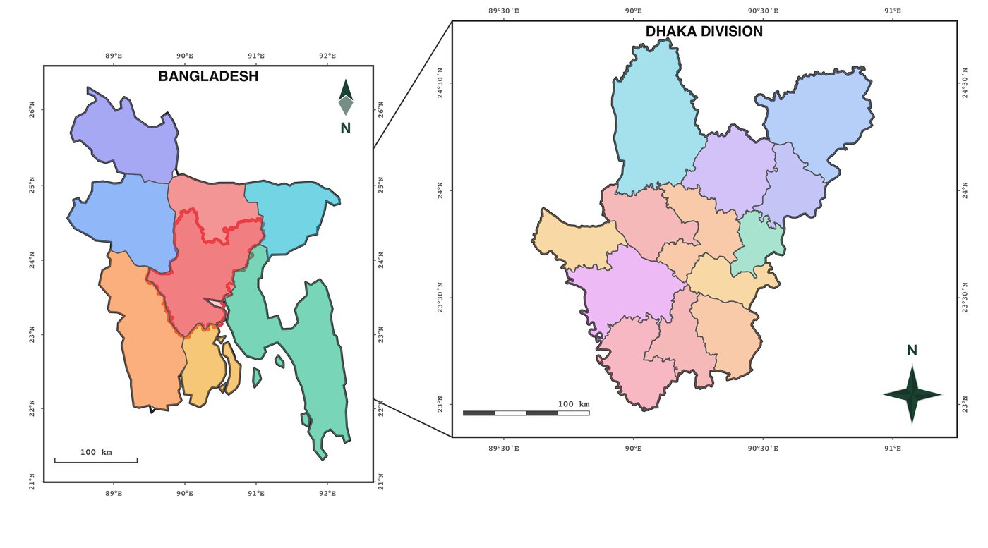 A study-area figure of Bangladesh and Dhaka exported from the AcadGIS web app
