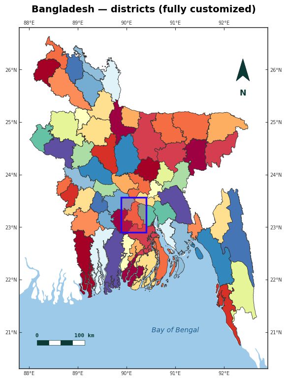 Bangladesh districts map, fully customized styling