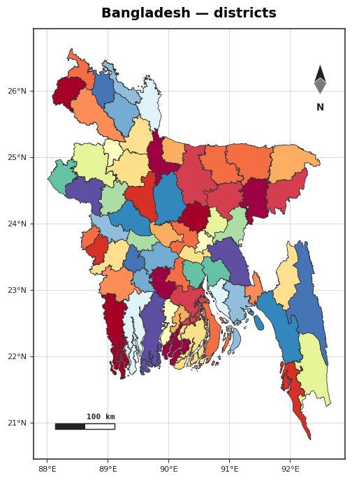 Bangladesh districts administrative boundary map