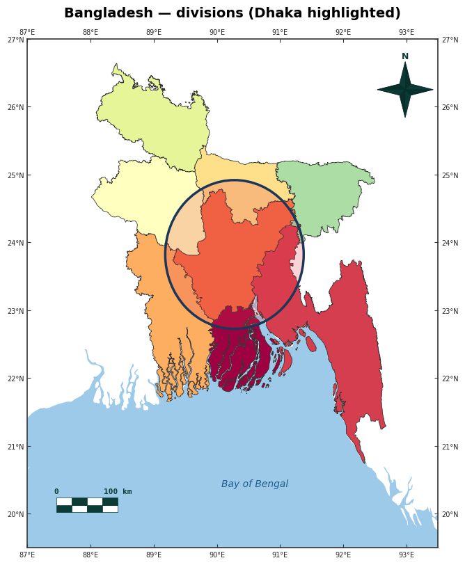 Bangladesh divisions, Dhaka highlighted