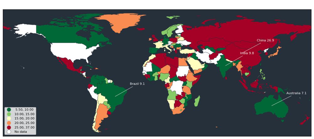 Classed world choropleth map with labels