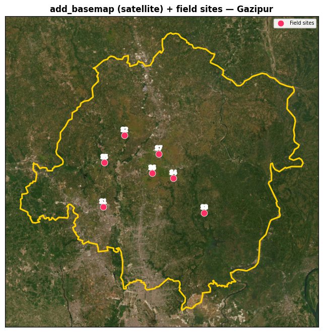 Field sampling sites on a satellite basemap, Gazipur