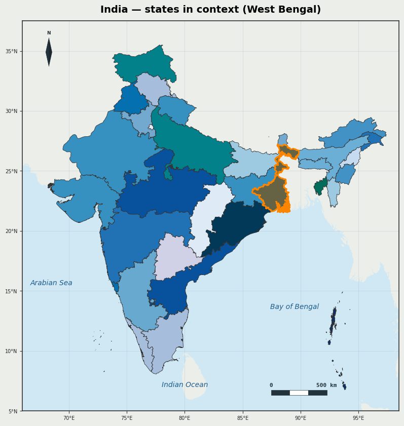 India states in context, West Bengal highlighted