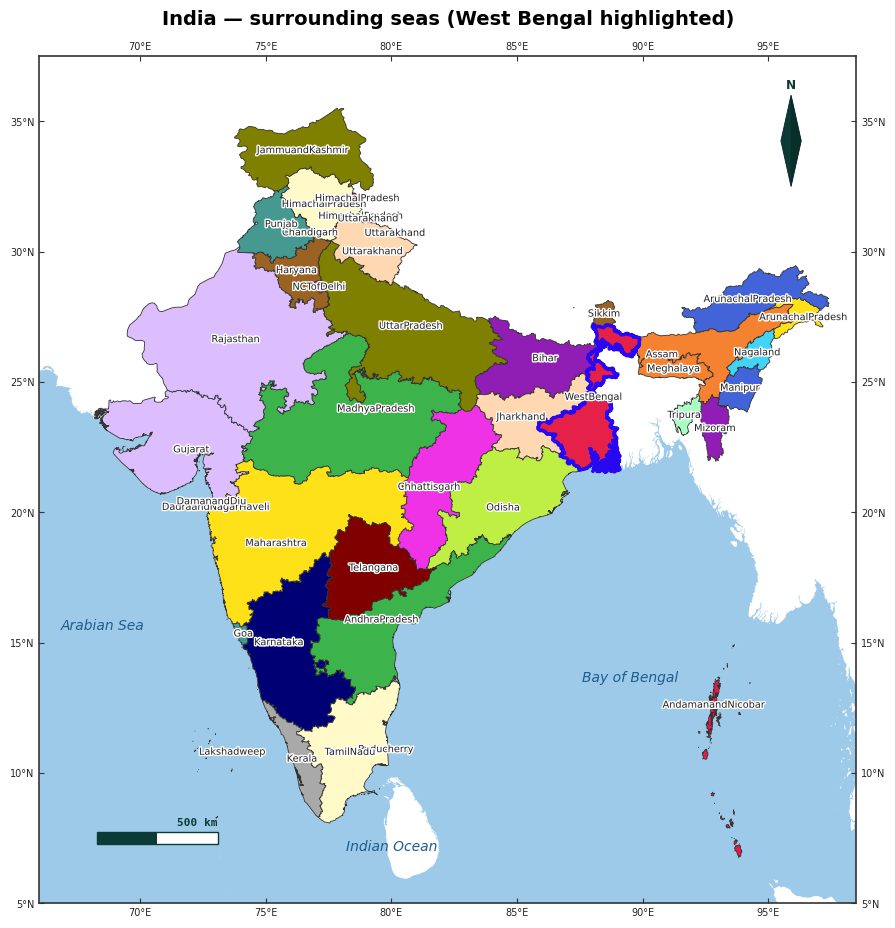 India with surrounding seas, West Bengal highlighted