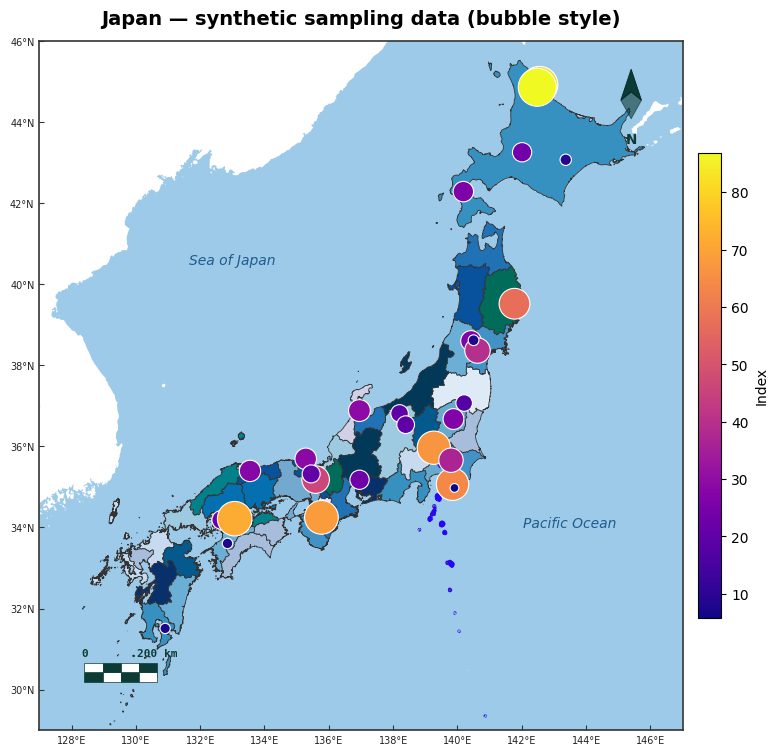 Sampling data as graduated bubble symbols over Japan