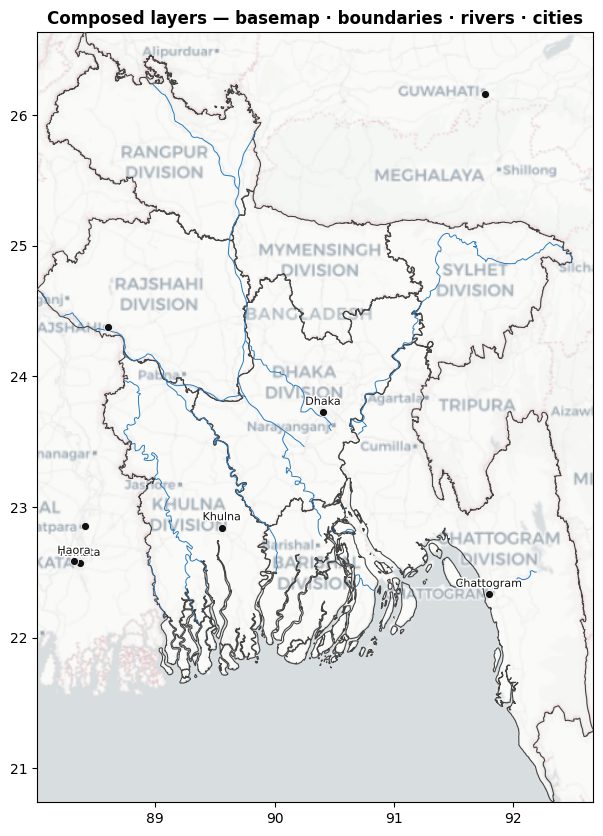 Composed map layers: basemap, boundaries, rivers, cities