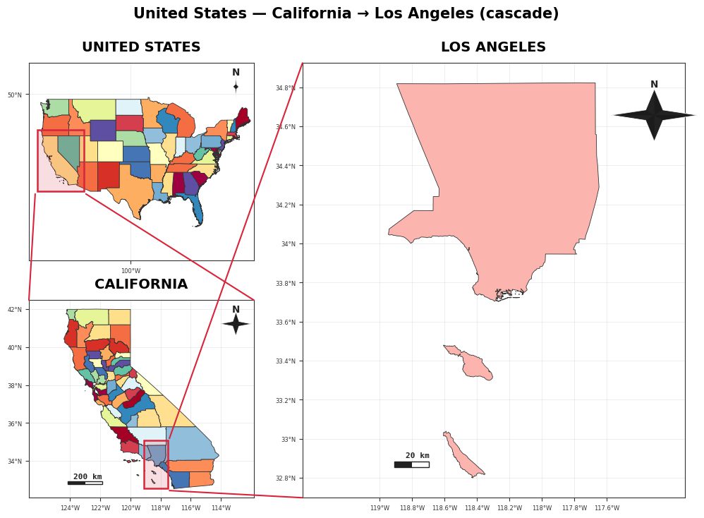 Locator cascade map: USA to California to Los Angeles