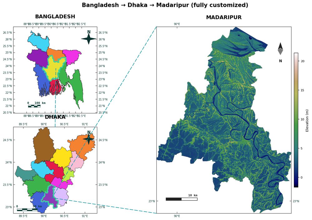 Study-area locator map: Bangladesh to Dhaka to Madaripur, fully customized