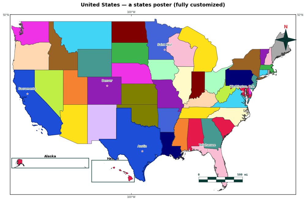 USA states poster map, fully customized