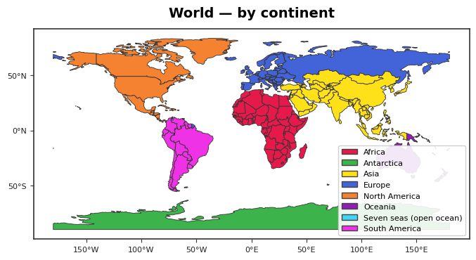World map coloured by continent