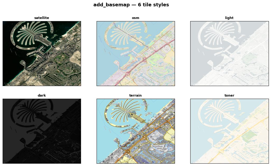 Six tile basemaps — satellite to toner